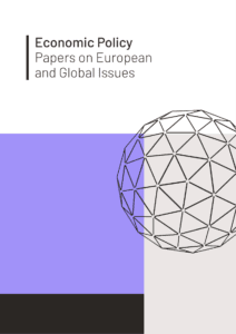 EP-Cover-2 Cover design for "Economic Policy: Papers on European and Global Issues", featuring a stylised geometric globe composed of interconnected triangular lines. The background includes a white upper section, a light purple horizontal panel in the centre, and a black strip at the bottom.