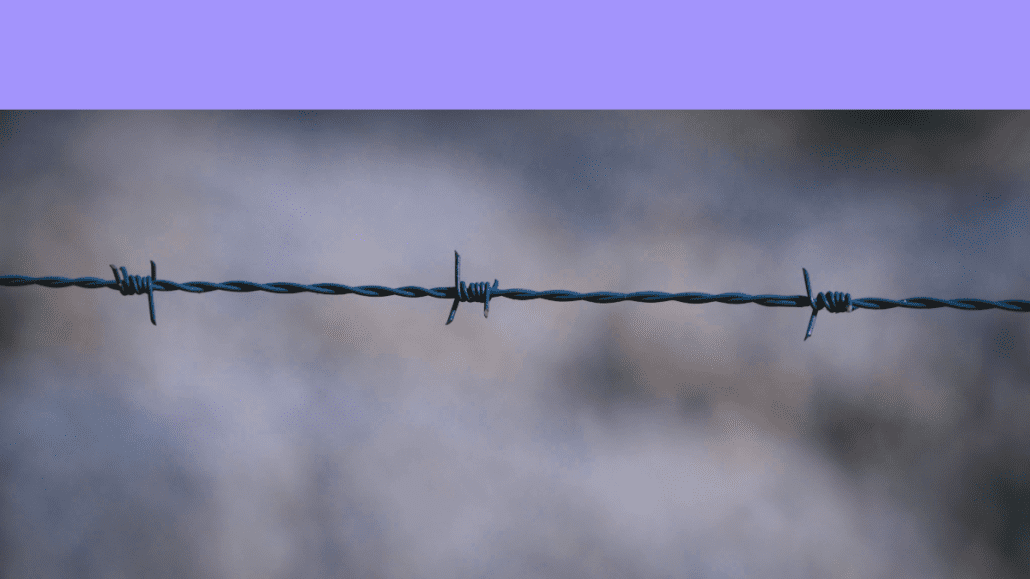 Close-up of a barbed wire fence against a blurred background with a purple border at the bottom.