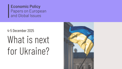 Promotional graphic for an Economic Policy event on 4–5 December 2025 titled ‘What is next for Ukraine?’, featuring the Ukrainian flag in front of a classical building