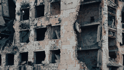 ruined street and destroyed houses the city war in Ukraine